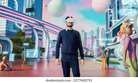 Portrait of a Handsome South Asian Man Wearing a Virtual Reality Headset in a 3D Digital VR World with Online Network Platform. Indian Man Exploring Next Generation Immersive Social Media Enviromnet.