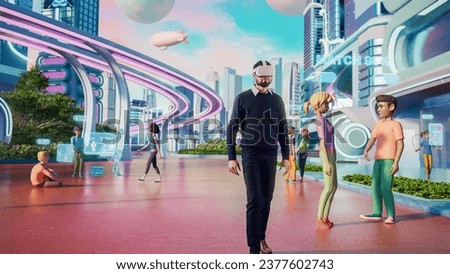 Portrait of Handsome South Asian Man Wearing Virtual Reality Headset in a 3D Digital VR World with Online Network Platform. Indian Man Exploring Next Generation Immersive Social Media Enviromnet.