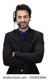 Portrait of  Handsome Telemarketer Guy in Black Suit Folded His Arms with Confidence