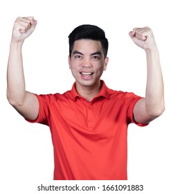 Portrait Handsome Young Asian Man Wearing A Red Shirt Excitement Or Celebrating His Victory Sign Isolated On White Background In Studio. Asian Man People. Sportman Success Concept.