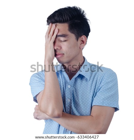 Portrait Handsome young asian man wearing a blue shirt stressed isolated on white background. Businessman Portrait Handsome Young Asian Man Wearing Stock Photo (Edit Now ...
