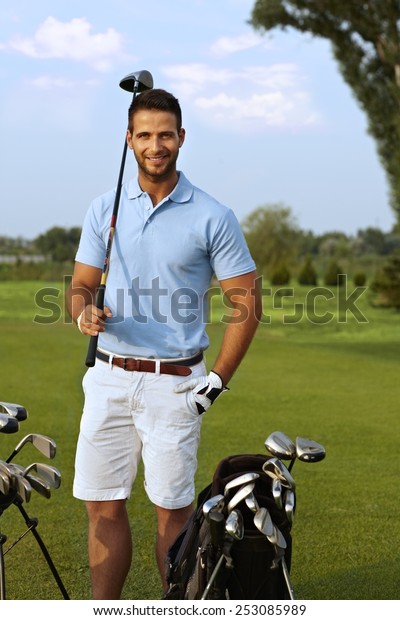 Portrait Handsome Young Golfer Holding Golf Stock Photo 253085989 ...