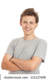 portrait of a handsome young man making a weired face, isolated on white