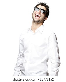 Portrait Of A Handsome Young Man With Sunglasses Enjoying Over White Background