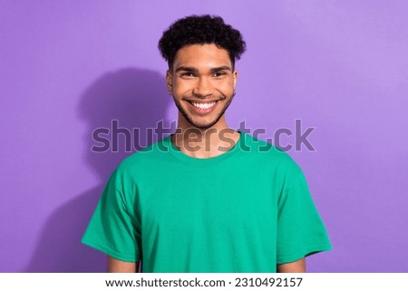 Portrait of handsome youth dude guy person bleaching white teeth wear hipster clothes isolated purple pastel color background