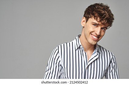 Portrait of hansome man wear striped shirt in black and white 