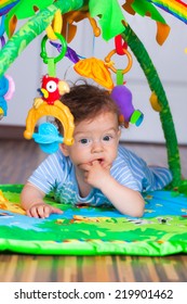 Portrait Of A Happy 6 Months Old Baby Boy At Tummy Time On The Play Gym.