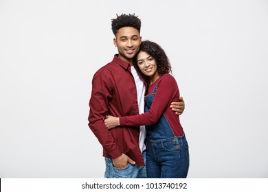 Portrait Of Happy African American Couple Hug Each Other On White Background.