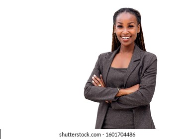 Portrait of a happy African American female company leader, CEO, boss, executive, isolated on white background