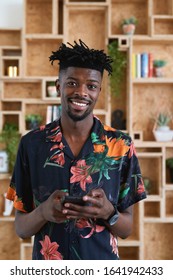 Portrait Happy African American Man Using Smartphone Smiling Holding Mobile Phone Success Testimonial