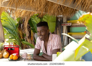 Portrait of happy african american man leaning on counter of surf hire beach shack. Local business, business owner, hobbies, sport, surfing, summer and vacation, unaltered. - Powered by Shutterstock