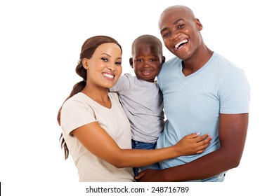 portrait of happy african family of three isolated on white