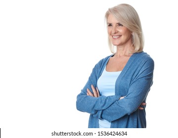 Portrait of a happy aged blonde woman looking away isolated on white background
