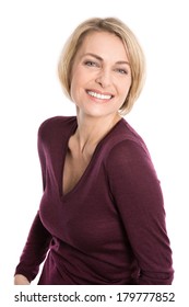 Portrait Of Happy Aged Woman Over White Background