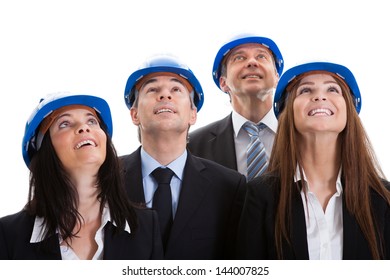 Portrait Of Happy Architects Looking Up Over White Background