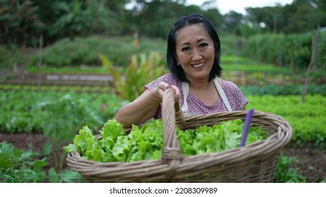 Portrait Of A Happy Asian American Small Farmer Holding Organic Food Inside Basket. Woman Showing Green Lettuces To Camera