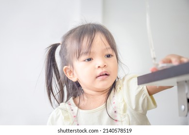 Portrait Of Happy Asian Child Playing In Living Room, Close Up Of Little Kid Girl Play With Toy