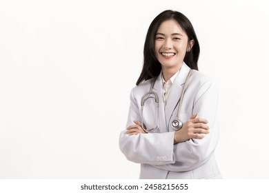 Portrait of happy asian female doctor wearing medical uniform and stethoscope at hospital.Beautiful smiling young asian woman doctor isolated on white background.Doctor arms crossed wear white coat. - Powered by Shutterstock