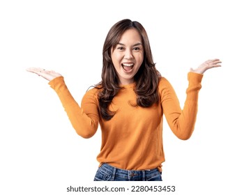A portrait of a happy Asian Indonesian woman wearing an orange sweater and looking confused with both hands to the side, isolated on a white background