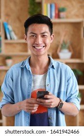 Portrait Happy Asian Man Using Smartphone Smiling Holding Mobile Phone Success Testimonial