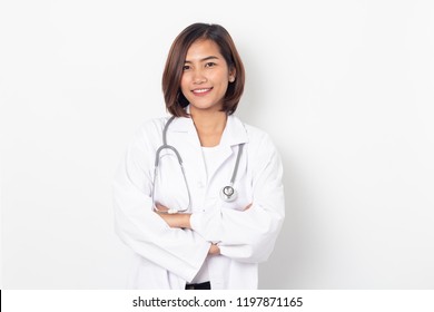 Portrait Happy Asian Woman Doctor On White Background