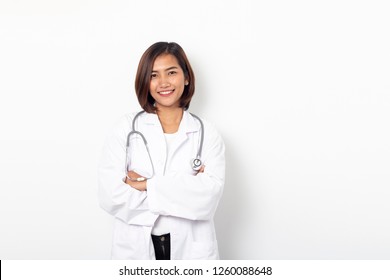 Portrait Happy Asian Woman Doctor On White Background