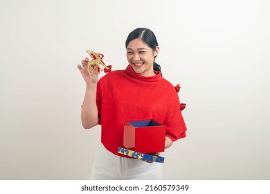 Portrait Happy Asian Woman Wearing Red Shirt With Gift Box On Hand For Christmas Festival