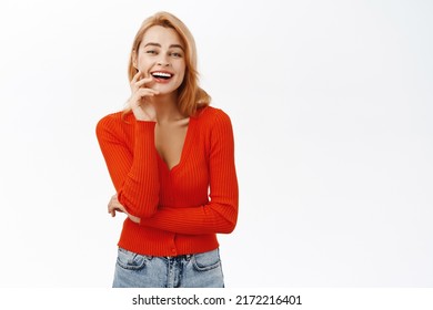 Portrait Of Happy Beautiful Young Woman, Laughing And Smiling, Showing Genuine Happiness And Joy, Positive Emotions, Standing Over White Background