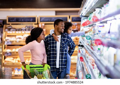 Portrait of happy black family with trolley shopping together at grocery store. Millennial African American parents with lovely daughter picking food, choosing milk products at big mall