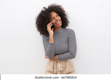 Portrait Of Happy Black Woman Talking On Mobile Phone