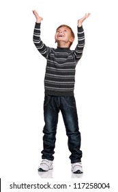 Portrait Of Happy Boy With Hands Up Isolated On White Background