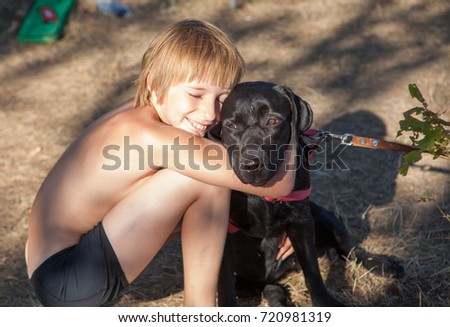 Similar – Foto Bild Frau mit blondem Labrador auf der Lichtung