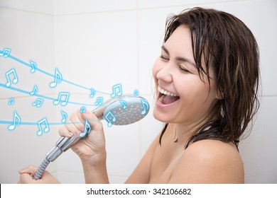 Portrait Of Happy Brunette Woman Singing In Shower