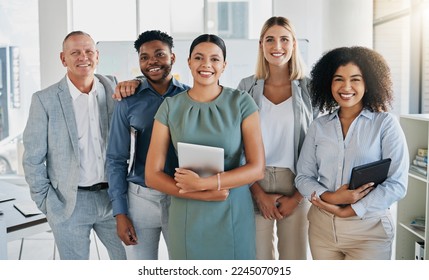 Portrait, happy or business people in a digital agency in an office building with motivation, goals or mission. Leadership, team work or confident employees smile with pride, solidarity or support - Powered by Shutterstock