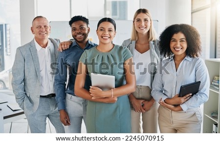Portrait, happy or business people in a digital agency in an office building with motivation, goals or mission. Leadership, team work or confident employees smile with pride, solidarity or support