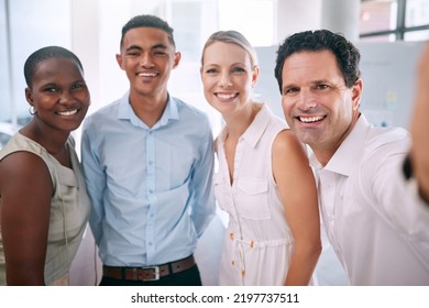 Portrait Of Happy Business People Taking A Selfie Together In A Startup Office. Workplace Diversity, Relationship, Teamwork And Mission For A Healthy Staff Or In A Positive Work Environment Workplace