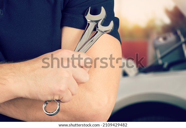 Portrait of a happy car mechanic standing beside\
a car in a service\
station.