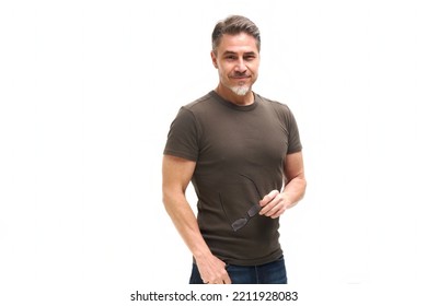 Portrait Of Happy Casual Older Man Smiling, Mid Adult, Mature Age Guy Standing, Isolated On White Background.