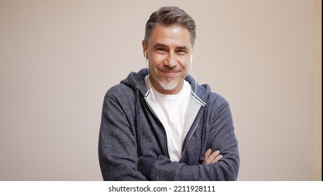 Portrait Of Happy Casual Older Man Smiling, Mid Adult, Mature Age Guy In Jumper, Isolated On White Background, Copy Space.