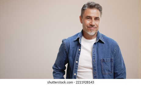 Portrait Of Happy Casual Older Man Smiling, Mid Adult, Mature Age Guy With Gray Hair, Isolated On White Background, Copy Space.