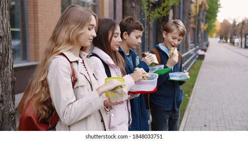 Portrait of happy Caucasian school teenagers standing outdoor with food containers and smiling while eating sandwiches. Joyful boys and girls pupils with backpacks having snack near school on break - Powered by Shutterstock