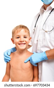 Portrait Of A Happy Child Standing Next To A Doctor, Isolated On A White Background