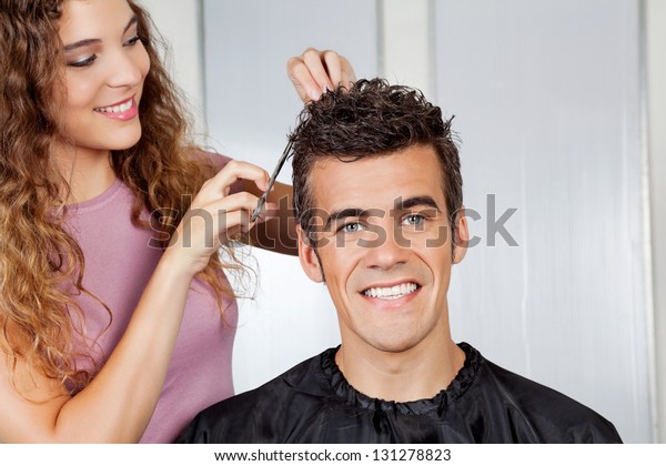 Portrait Happy Client Getting Haircut Female Stock Photo Edit Now