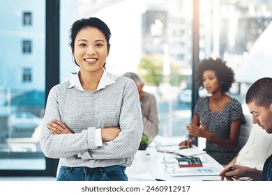 Portrait, happy and confident business woman in office meeting, coworking or team leader in creative startup. Face, smile and professional entrepreneur with arms crossed, copywriter or proud employee - Powered by Shutterstock