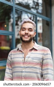 Portrait Of Happy Confident Young Man With Trendy Casual Wear Looking To The Camera. Handsome Gay Man With Eye Make Up On His Face. Gender Fluid, Lgbt And Diversity Concept 