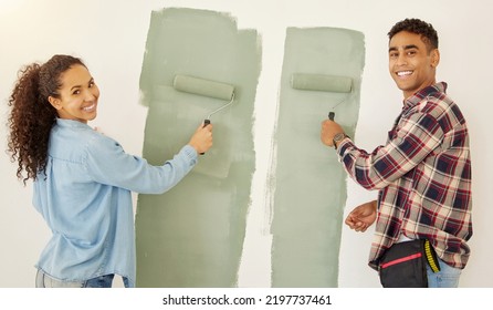 Portrait Of Happy Couple Painting Room Or Interior House Renovation And Home Or Property Design Project With Smile, White Wall Background. New Home Or Apartment And Happy Painter People And DIY Paint