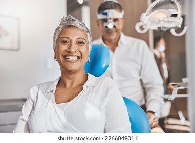 Portrait, happy and dental with a woman patient in a doctor office for oral hygiene or health. Smile, teeth and healthcare with a senior female sitting in a chair at the dentist for hygiene - Shutterstock ID 2266049011