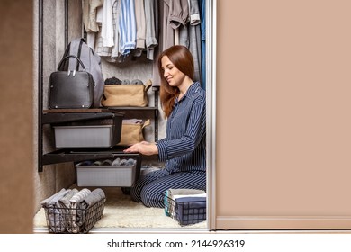 Portrait Of Happy Domestic Woman Posing Hiding Inside Mirror Cupboard Door With Wardrobe Comfortable Storage Organization. Wooden Furniture Cabinet Decorative Design. Furnishing Home Interior