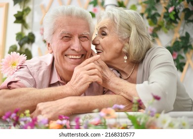 Portrait Of A Happy Elderly Couple On The Porch With Flowers