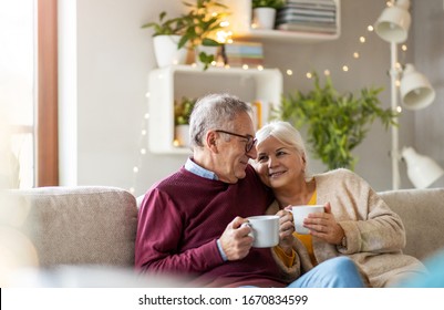 Portrait Of A Happy Elderly Couple Relaxing Together On The Sofa At Home
